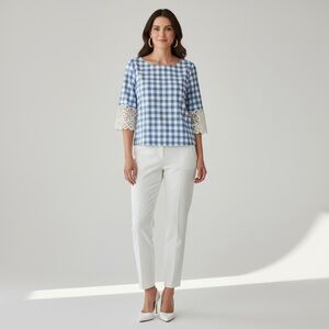 Liz Claiborne Blue Gingham Bell Sleeve Lace Trim Top